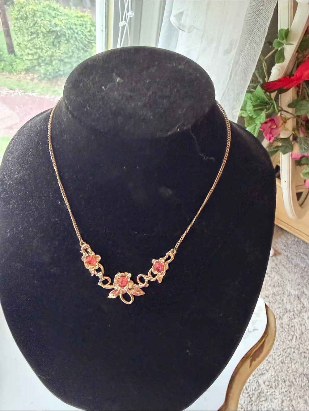 Gold Floral Pink Crystal Necklace - Women Jewelry